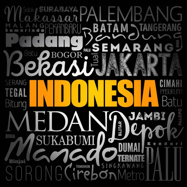 Liste Der Städte Und Gemeinden Indonesien Word Cloud Collage Geschäfts — Stockvektor