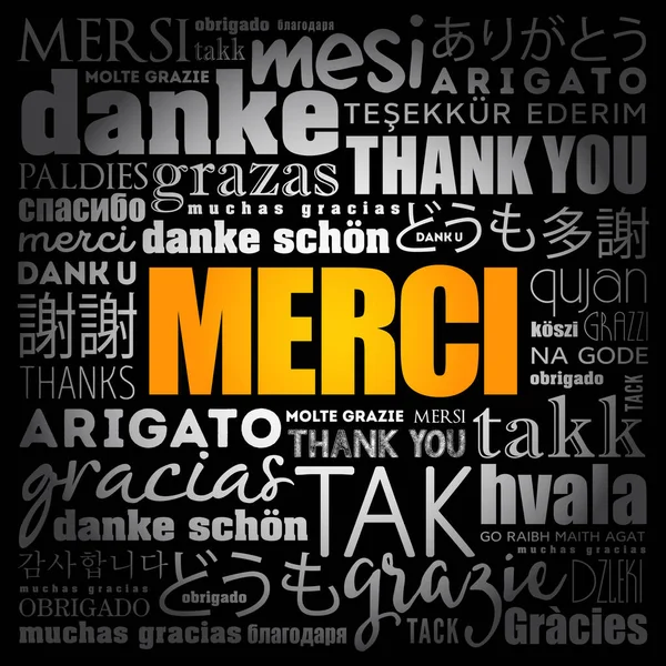 Merci Tack Franska Ord Moln Olika Språk — Stock vektor