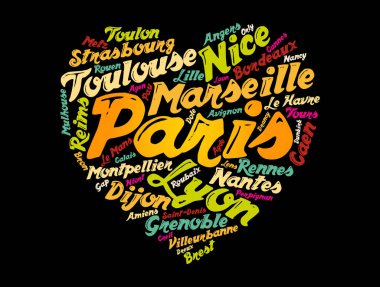 Fransa 'daki şehirlerin ve şehirlerin listesi aşk işaretleri kalp şekli, kelime bulut kolajı, iş ve seyahat kavramı geçmişi