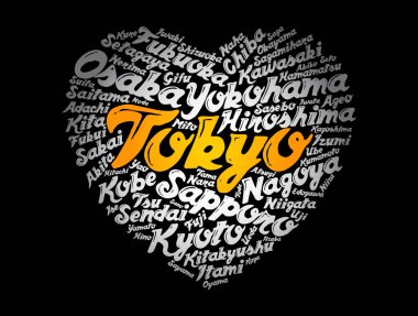 Japonya 'daki şehirlerin ve şehirlerin listesi aşk işaretleri kalp şekli, kelime bulut kolajı, iş ve seyahat kavramı geçmişi