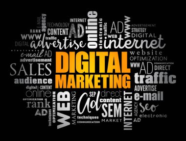 Dijital pazarlama kelimesi bulut kolajı, iş konsepti geçmişi