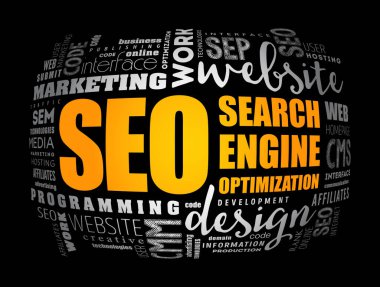 SEO (Arama Motoru İyimsemesi) kelime bulut kolajı, teknoloji konsepti arkaplan