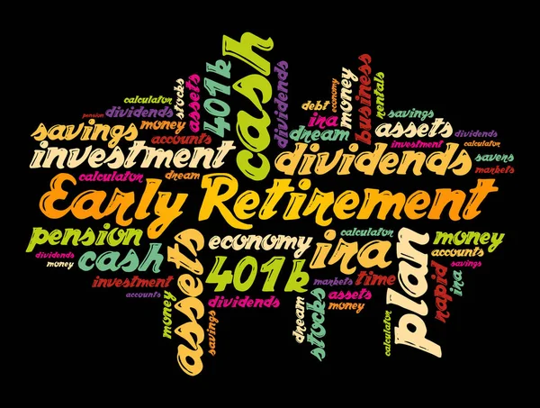 Early Retirement Woord Cloud Collage Met Grote Termen Zoals Investeringen — Stockvector