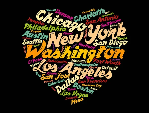 List Cities Towns Usa Composed Love Sign Heart Shape Word — Stock Vector