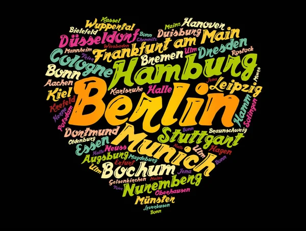 Lista Ciudades Pueblos Alemania Compuestos Forma Corazón Signo Amor Collage — Vector de stock