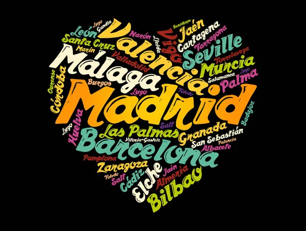 Lista Ciudades Pueblos España Compuestos Forma Corazón Signo Amor Collage — Vector de stock