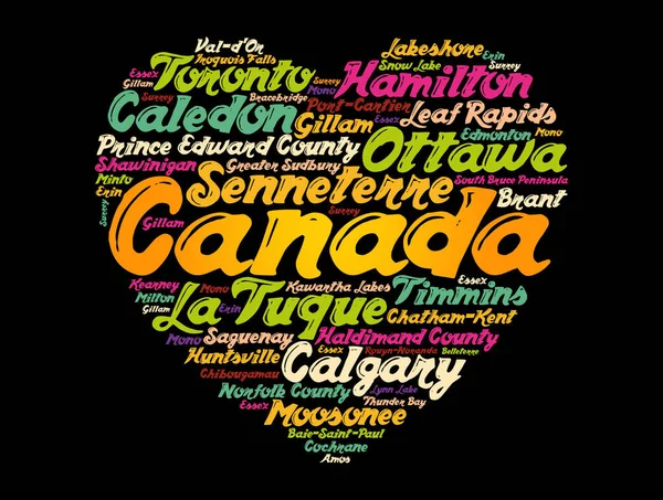 Lista Ciudades Pueblos Canadá Compuestos Forma Corazón Signo Amor Fondo — Archivo Imágenes Vectoriales