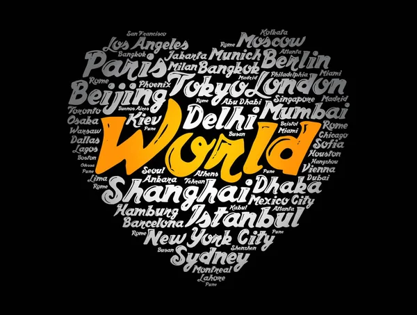 List Cities Towns World Composed Love Sign Heart Shape Word — Stock Vector