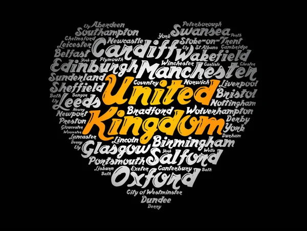 Lista Miast Miasteczek Zjednoczonym Królestwie Skomponowana Kształcie Serca Znak Miłości — Wektor stockowy