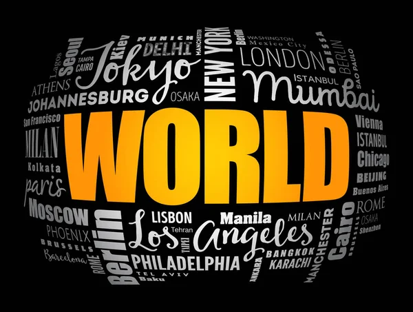 World Word Cloud Concept Made Words Noms Villes Contexte Concept — Image vectorielle