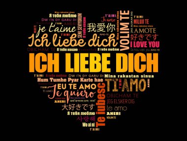 Ich Liebe Dich (Almanca seni seviyorum) dünyanın farklı dillerinde kalp kelime bulutu