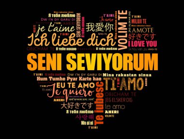 Seni seviyorum (Türkçe seni seviyorum) dünyanın farklı dillerinde kalp kelime bulutu