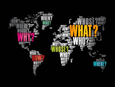 Typography 'daki Soru Kelimeleri Dünya Haritası, kelimeler iş konseptini gölgeliyor