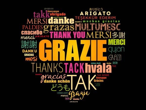 Grazie Köszönöm Olaszul Szerelem Szív Szó Felhő Háttér Különböző Nyelveken — Stock Vector