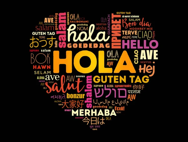 Hola Hello Groet Het Spaans Love Heart Word Cloud Verschillende — Stockvector