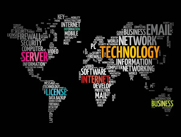世界地図の形をした技術ワードクラウド ビジネスコンセプトの背景 — ストックベクタ