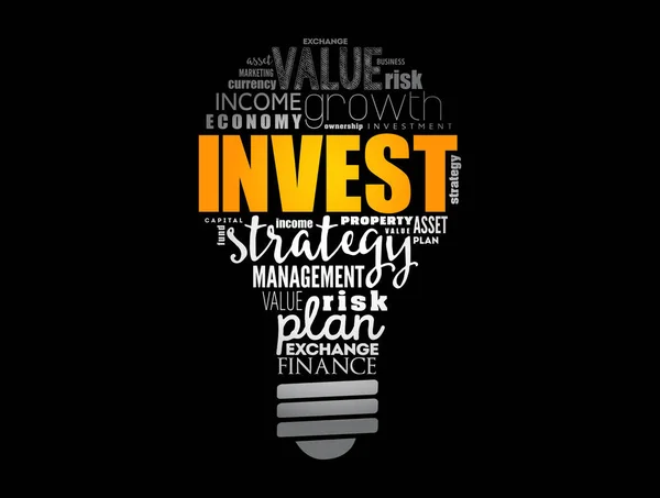 Invest Glühbirne Wort Wolke Business Konzept Hintergrund — Stockvektor