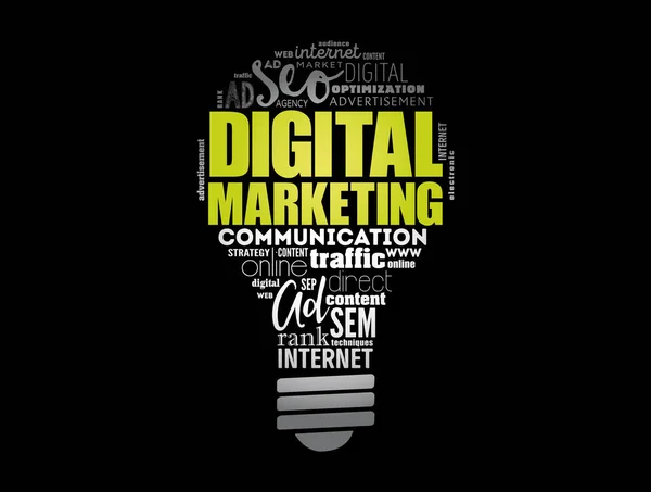 Digital Marketing Φως Λαμπτήρα Λέξη Σύννεφο Επιχειρηματική Ιδέα Φόντο — Διανυσματικό Αρχείο