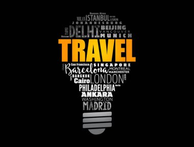 TRAVEL ampul kelime bulutu kelimelerle oluşturulan şehir isimleri, kavram arka planı