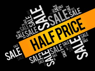 Yarı fiyatına satılan kelime bulut kolajı, iş konsepti geçmişi