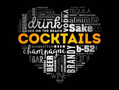 Aşk kalbi farklı kokteyller ve malzemeler, kelime bulut kolajı, tasarım konsepti arka plan