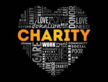 Hayırsever kalp kelime bulut kolajı, iş konsepti geçmişi