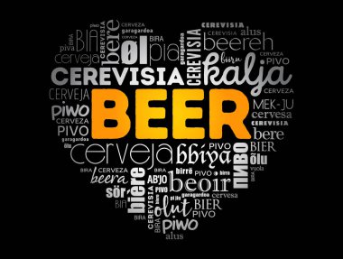 BEER dünyanın farklı dillerinde sevgi kalp (İngilizce, Fransızca, Almanca, vb), Word Cloud kolajı, çok dilli arka plan
