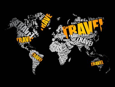 Dünya Haritası Tipografisi biçimindeki TRAVEL kelimesi, kelimeler iş konseptini gölgeliyor