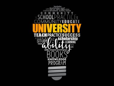 Üniversite ampulü kelime bulut kolajı, eğitim konsepti geçmişi