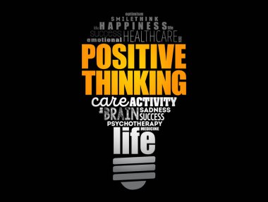 Positive thinking light bulb word cloud collage, health concept background clipart