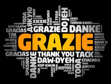 Grazie (İtalyanca Teşekkür) kelime bulut arkaplanı farklı dillerde