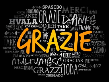 Grazie (İtalyanca Teşekkür) kelime bulut arkaplanı farklı dillerde
