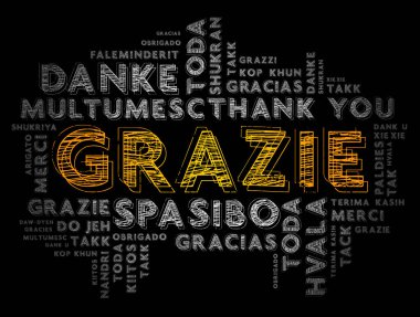 Grazie (İtalyanca Teşekkür) kelime bulut arkaplanı farklı dillerde