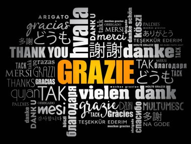 Grazie (İtalyanca Teşekkür) kelime bulut arkaplanı farklı dillerde