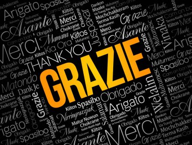 Grazie (İtalyanca Teşekkür) kelime bulut arkaplanı farklı dillerde