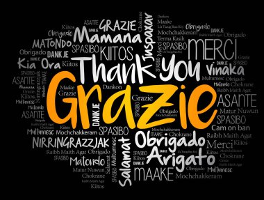 Grazie (İtalyanca Teşekkür) kelime bulut arkaplanı farklı dillerde