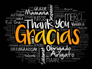 Gracias (İspanyolca Teşekkür ederim) farklı dillerde kelime bulutu