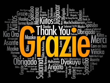 Grazie (İtalyanca Teşekkür) kelime bulut arkaplanı farklı dillerde