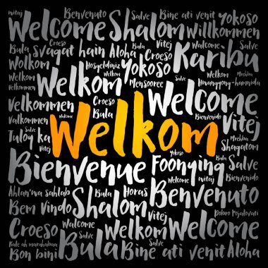 Welkom (Welcome in Afrikaans) word cloud in different languages clipart