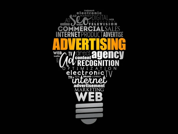 Advertising Gloeilamp Woord Wolk Creatief Business Concept Achtergrond — Stockvector