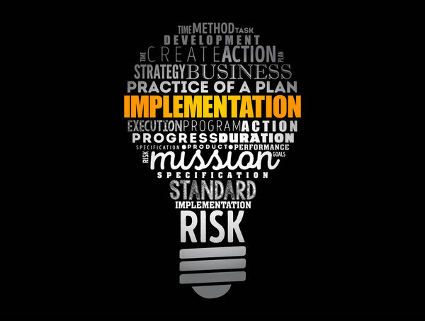 Implementation light bulb word cloud collage, business concept background