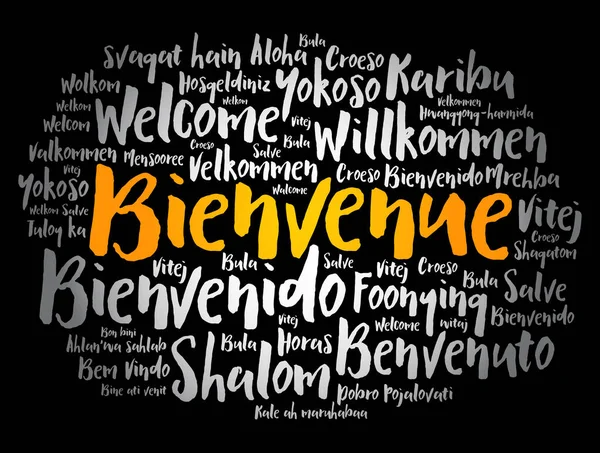 Bienvenue Benvenuti Francese Word Cloud Diverse Lingue — Vettoriale Stock