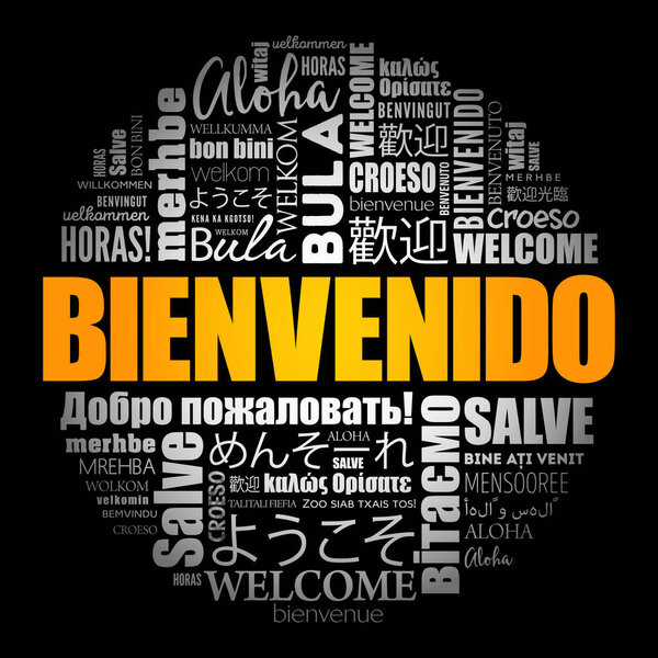 Bienvenido - Welcome in Spanish, word cloud in different languages