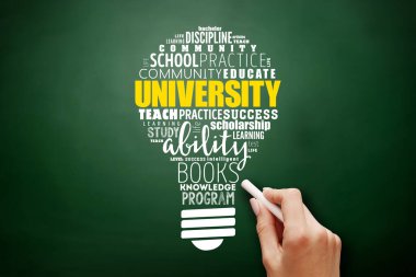 Üniversite ampulü kelime bulut kolajı, eğitim konsepti kara tahtada