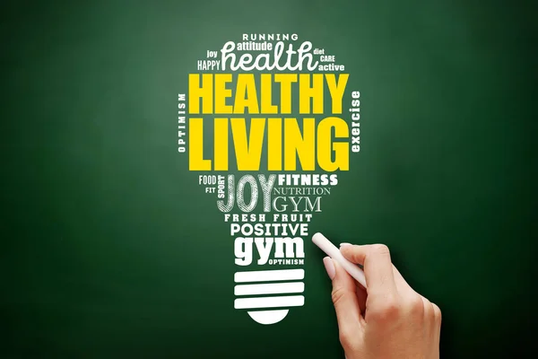 Healthy Living Glühbirne Wortwolke Gesundheitskonzept Hintergrund Auf Tafel — Stockfoto
