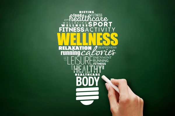 Wellness light bulb word cloud collage, health concept background on blackboard