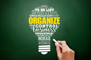 ORGANIZE ampul kelime bulut kolajı, karatahta iş konsepti