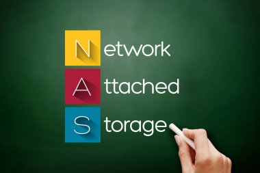 NAS - Ağ Eklenmiş Depolama kısaltması, karatahtadaki teknoloji kavramı
