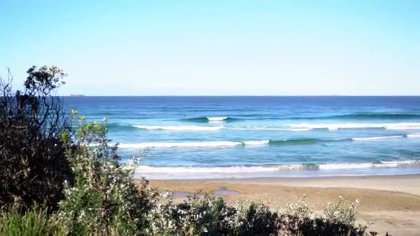 Vista panorámica de una playa de arena con olas del océano — Vídeo de stock