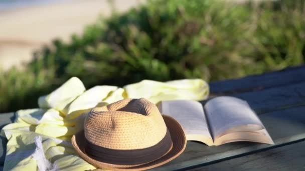 Libro, scialle e cappello sul tavolo con una spiaggia solitaria sull'oceano sullo sfondo. — Video Stock